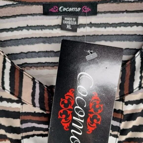 Cocomo Women's Size XL Brown Multicolor Stripe Print Pintuck 3/4 Sleeve Top - Picture 6 of 7